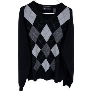 Daniel Bishop Argyle 100% Cashmere V-Neck Sweater XL Mens Black Gray‎ Knit